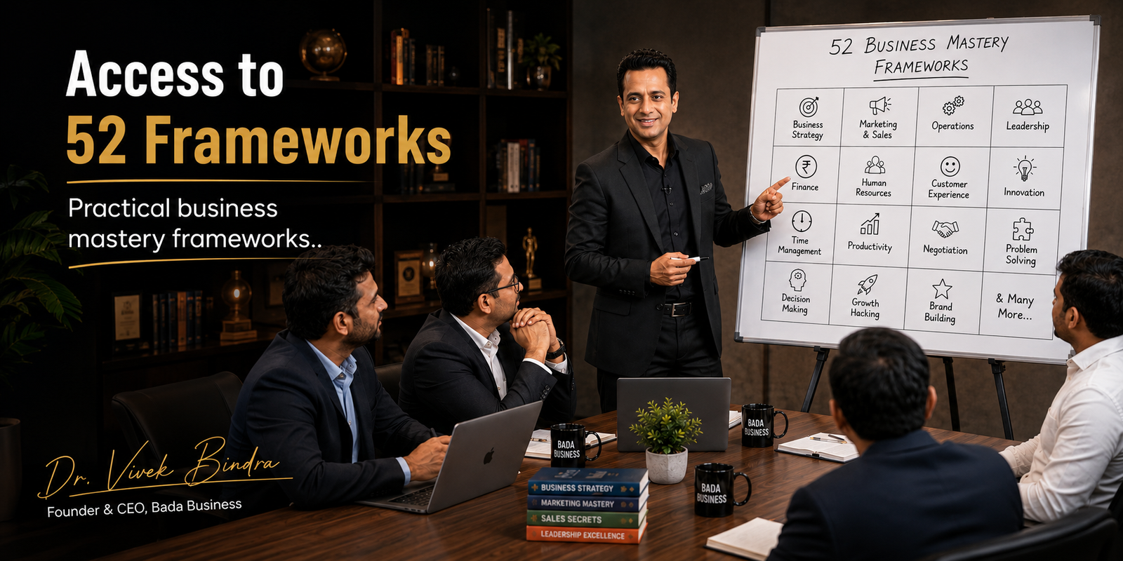 Whiteboard with sticky notes mapping out business frameworks
