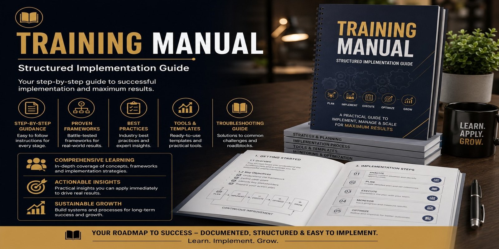 Hand writing notes in a training manual notebook